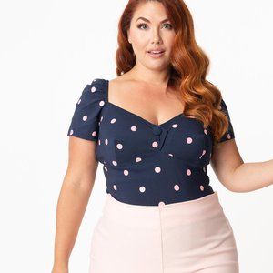 Unique Vintage Plus Size Navy & Pink Polka Dot Nora Top